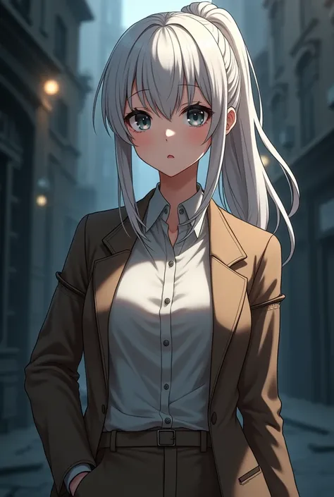 White haired anime girl with dark grey eyes in a ponytail wearing a brown detective outfit.