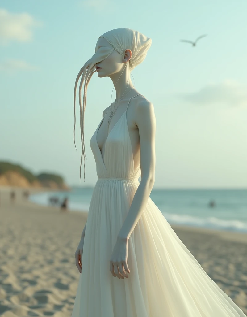 A surrealistic full body photograph of an elegant female humanoid creature with a long elongated neck, white skin and dressed in a flowing gown on the beach. Her head is completely covered by pale fabrics that cover her eyes. She has two very thin tentacle...