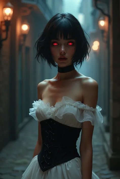 A vampire woman wearing a white dress and a black corset, her eyes are red and her skin is brown and she has short black hair