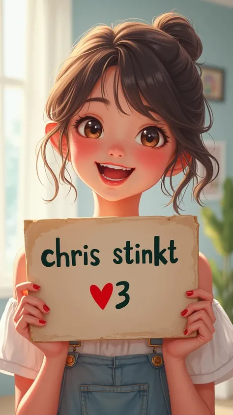 a beautiful and cute teenager woman holding up a sign "Chris stinkt <3", joyful, happy, anime illustration, photorealistic, oil painting