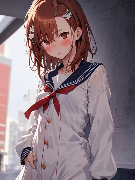 Surreal Scene:1.5, (Misaka Mikoto), beautiful girl, cute, blush, Sailor suit, (flat chest), uhd, retina, masterpiece, accurate, anatomically correct, textured skin, super detail, high details, high quality, best quality, highres, 8k