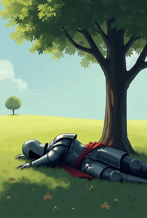 A knight in armor with his face covered fell asleep tiredly on a flat, quiet meadow under the shade of a tree., Basically, it is only shaded by one tree and there are no other trees around it. (windows wallpaper grassland)