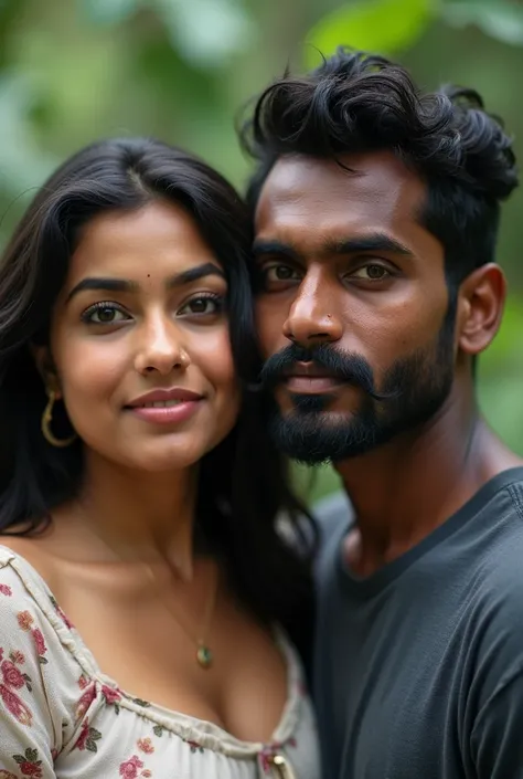 Kerala straight couple in wayanad. Realistic photo.showing face. No ornaments.Female is white skin tone chubby curvy with black hairs.looks like actress nithya menon. Male is black skin tone with beard