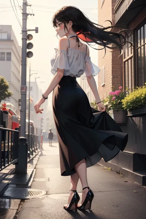 Top  Quality, 1girl, full body , from behind ,(Hollow skin), (day), bright, blur background, outdoors, (Street:0.6), (hair:1.5), long black hair, (Blouse:1.5), maxi skirt, red bottom high heels, superb, (Hair flotation:1.5), soft light, wind, garden, Stree...