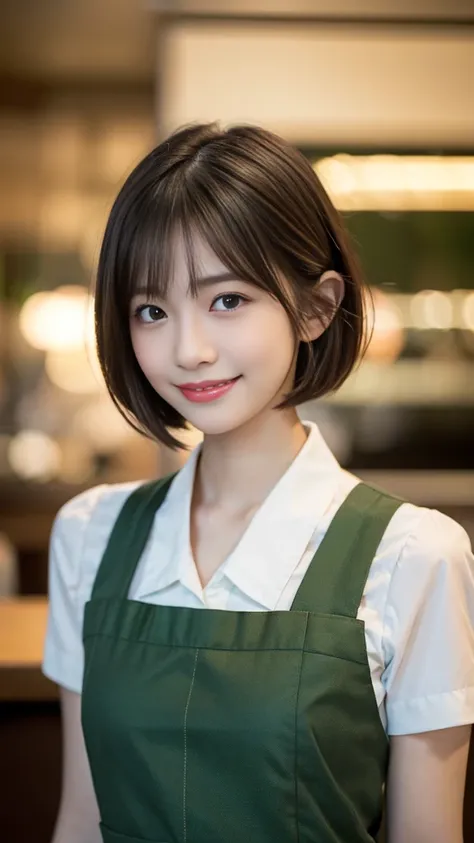 Tabletop, Highest quality, Realistic, Very detailed, finely, High resolution, 8k wallpaper, Cinema Lighting、1 person、Cute Japanese Woman、Age 27、Brown short bob hair, Wearing a white collared shirt、Wearing a dark green apron、 (Blurred Background、Cafe、Natura...