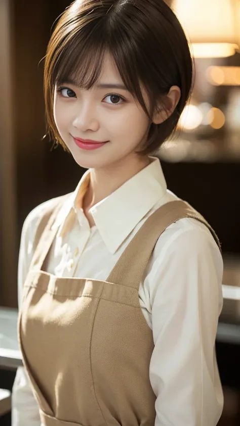 Tabletop, Highest quality, Realistic, Very detailed, finely, High resolution, 8k wallpaper, Cinema Lighting、1 person、Cute Japanese Woman、Age 27、Brown short bob hair, Wearing a white collared shirt、Wearing a dark green apron、 (Blurred Background、Cafe、Natura...