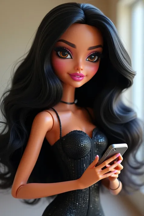 Generates a Bratz with long wavy black hair who is dressed elegantly and has an iPhone in her hand