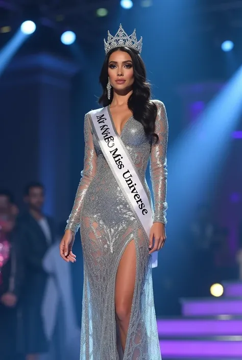 Miss universe, silver long kebaya brookat dress, at miss universe stage, wear crown, elegant, beautiful, 38 C huge boobs, slim, dont smile, sexy vibes. Sharp eyes, cool, bold make up.  Sash Miss Universe 2026