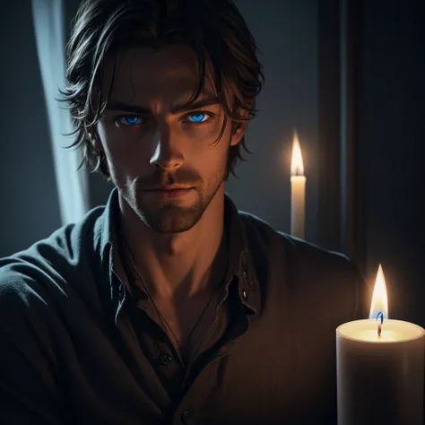 Handsome guy with intense blue eyes is sitting in a completely dark room. Theres a lit candle 30 centimeters away from his face, illuminating his beautiful features. Photorealistic style. 8k resolution. Very detailed.