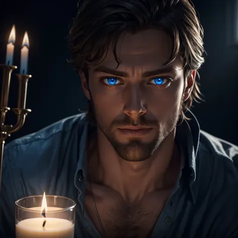 Handsome guy with intense blue eyes is sitting in a completely dark room. Theres a lit candle 30 centimeters away from his face, illuminating his beautiful features. Photorealistic style. 8k resolution. Very detailed.