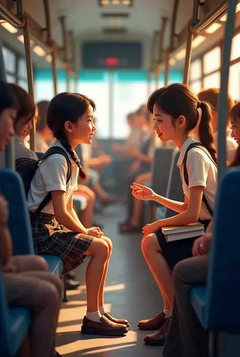 Peruvian female school student talks to Peruvian college student on a bus