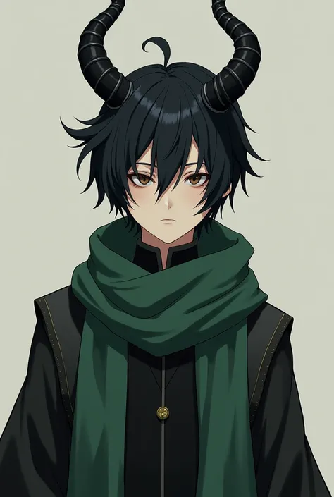 A darked green hair boy with a white hair strand on his hair and he has heterochromia,He has two horns with different colors one being black and one being white, He also wears a Big old green colored scarf and has a black aot type of uniform under his scar...