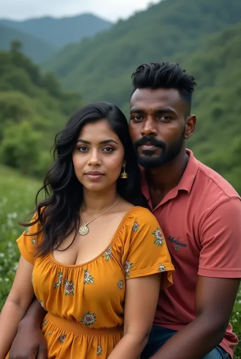 Kerala straight couple in wayanad. Realistic photo.showing face. No ornaments.Female is white skin tone chubby curvy with black hairs showing cleavage Looks like actress nithya menon. Male is black skin tone with beard