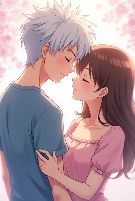 Anime male,white hair,closed eye,blue t shirt
Anime girl,brown hair,closed eye,pink drees
Kiss toghether,