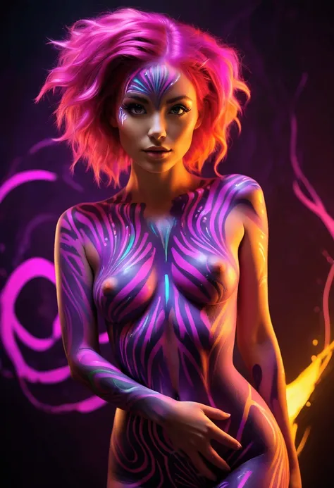 A beautiful woman with vibrant pink hair, her naked body is covered in glowing full-body paint, and abstract patterns that resemble neon paint splashes, the background is dark and blurred with warm, soft lights creating an ethereal atmosphere, she is posin...