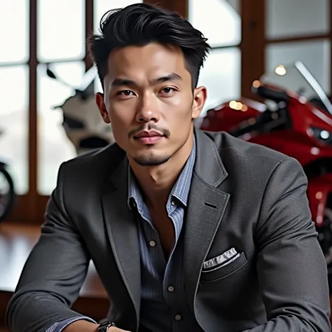 A handsome Indonesian man, clean face, very short black hair with faint visible sides, ideal muscular body, wearing a shirt, wearing a watch, stylish blue jeans,Sneaker shoes, sport bike showroom background, realistic hd 