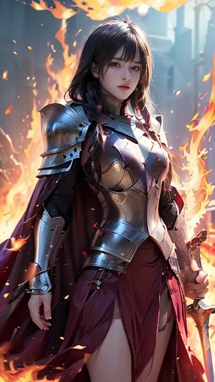 very beautiful woman、slender women、(detailed face)、realistic skin、((knight of fire)), (((red armor:1.25)))、((((highly detailed a...