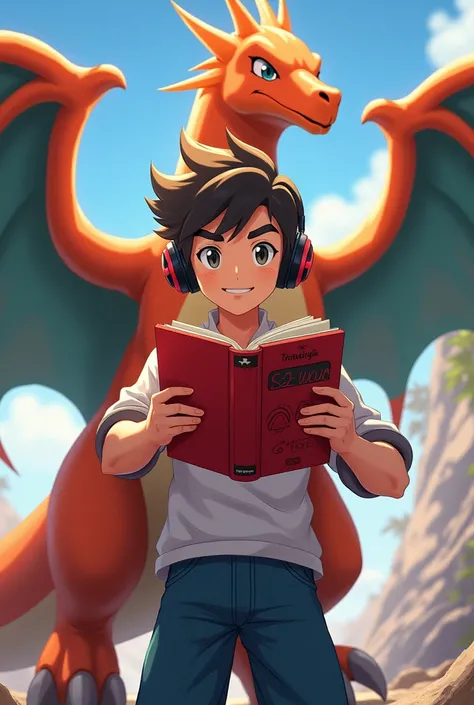 Create a gamer anime boy image holding a red pokedex in his hand and Charizard is standing behind him boy wearing headphones 