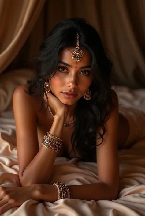 beautiful nude indian girl on a bed, detailed face, intricate jewelry, luxurious silk sheets, warm lighting, atmospheric, cinematic, dramatic, photorealistic, 8k, high quality, hyper detailed