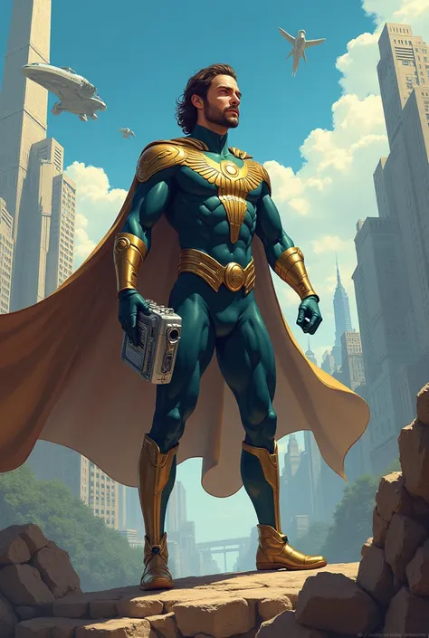 *Prompt:* "Leonardo da Vinci as The Visionary - a superhero with the power of flight and invention, standing in front of a futuristic cityscape."

*Details:*

- Leonardo da Vinci wears a sleek, futuristic suit with a golden wing emblem on his chest and a f...