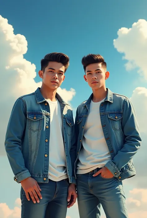 A man with light eyes, 30 years old, short black hair with a pompadour, with a denim jacket and white t-shirt next to the presenter Silvio Santos in the sky 