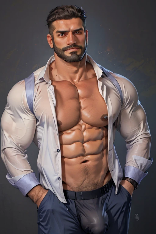 (masutepiece, Best Quality:1.2), Cowboy Shot, Solo, Male Focus, 1boy, Indian beared businessman, Closed mouth, Looking at Viewer, Hands in pockets, Open your clothes, muscular guy, burly, hunk, Hot, big shoulders, musculature、(big chest)、 (hyperdetailed fa...