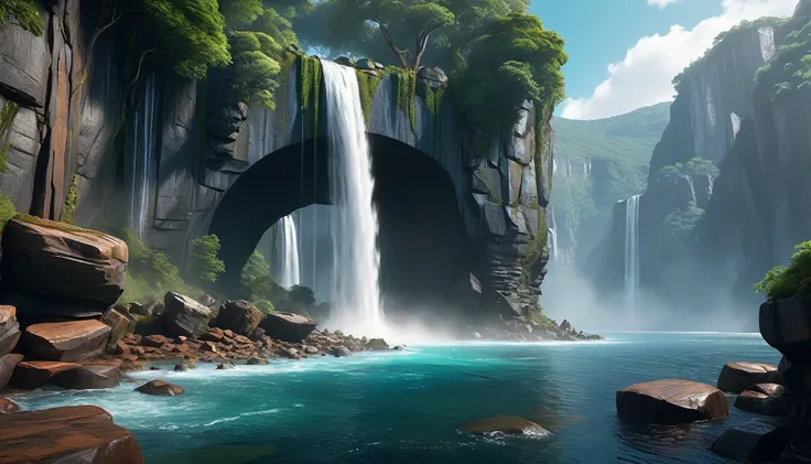 a cliff overlooking a waterfall, several arch-shaped stones at the top, matte painting 8k, matte paint 8K, vertical wallpaper 8K, vertical wallpaper 8K, vertical wallpaper 4K, vertical wallpaper 4K, lost series, realistic fantasy rendering, digital paintin...