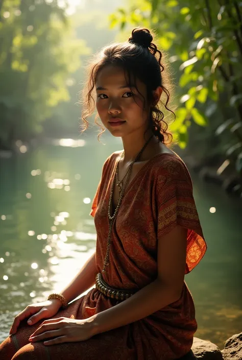 Photorealism 1.4 realistic realism high detailed definition Malaysian orang asli beautiful women wearing shirt sarong at river bathing smile face curly hair morning mode sitting at rock river sunlight and silhouette