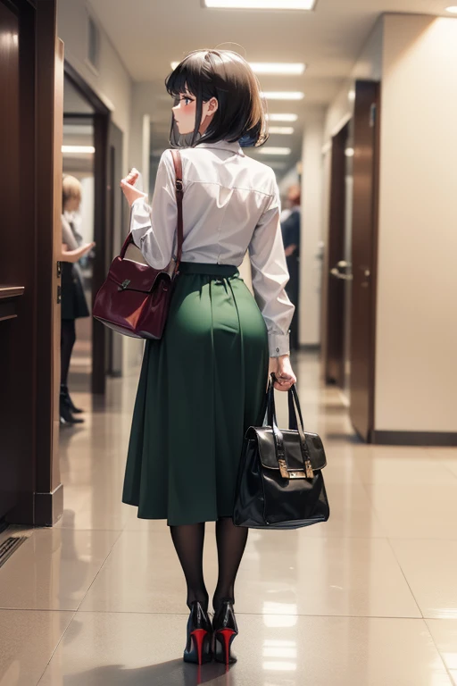 Top Quality, 1girl, full body, from behind,(Hollow skin), bright, blur background, (hair:1.5), black hair, maxi green skirt with tights, louboutin high heels ,superb, in office, working secretary