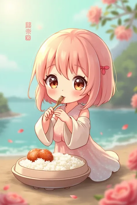 Cute scallop girl character eating rice