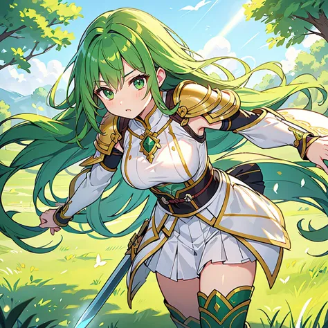 Draw a beautiful female warrior, Delicate face。
hair is green and long、Shining in the sunshine。
Your eyes are green too、Beautiful Face　Women like Ibuta Misaki are delicate., green, Mystical armor、Has a big sword。
Grassland Background　Big Breasts　