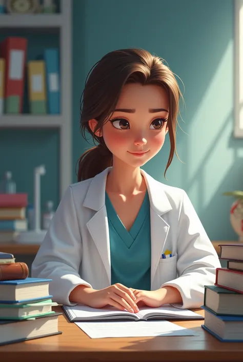 Image of a physical therapy student in a lab or classroom, with a concentrated look, surrounded by books and notes.