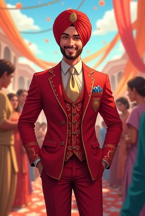 Anime boy in Hes at a wedding with red pants and a red suit and his smiling very good way [anime boy age 24] [his looking very hot and good] but is punjabi 