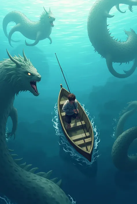 a fisherman with his boat on the water and underwater sea monsters in sight, arte anime