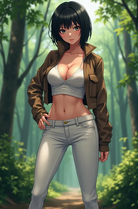 1girl, mikasa ackerman, solo, c cup breast, short black hair, exposed, full body, 30 years old, 170 cm height, wearing brown short jacket, white denim with black belt, kneehigh boots, absurdress, spread legs, woods background, masterpiece, very high resolu...