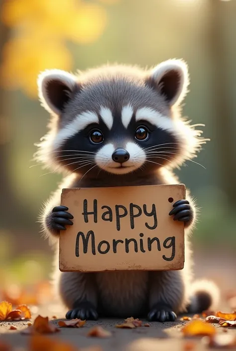 A cute baby raccoon holding a sign that says "Good morning Alan"