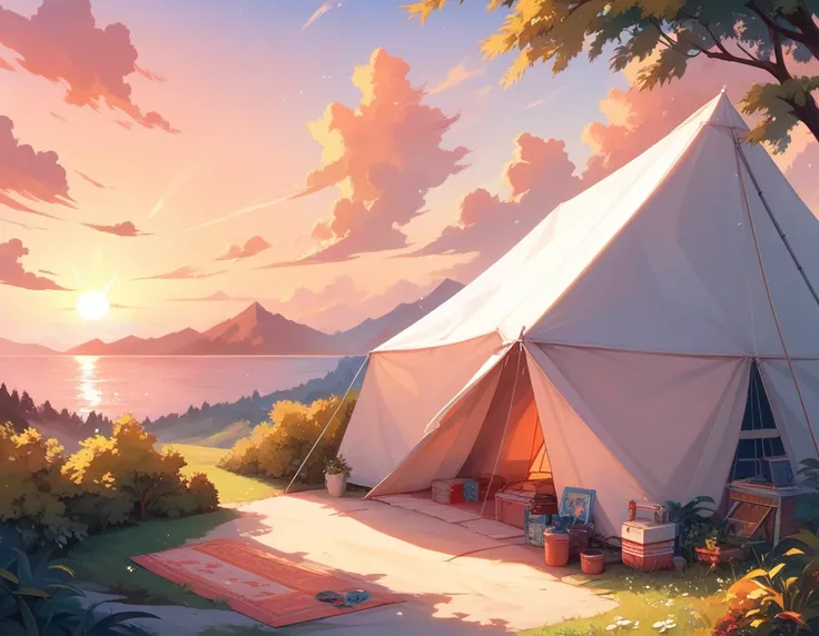 Masterpiece,best quality, ultra detailed,anime, Girl, outdoor outfit, tent, plateau, smile, morning sun, sunrise sky, The girl is looking in the direction of the morning sun,