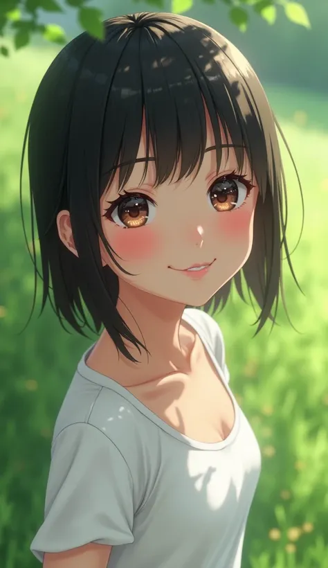 best quality,masterpiece,1girl,solo,(((9years old))),japanese girl,an extremely cute and beautiful girl,highly detailed beautiful face and eyes,petit,cute face,lovely face,baby face,shy smile,show teeth,black hair,medium short hair,flat chest,Hairless puss...