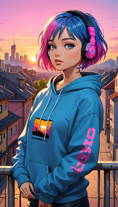 masterpiece, Highest quality, One Girl, Pink and blue hair, Mouth closed, Earrings, have, hoop 、 jewelry, View your audience, shirt, short hair, Sunset alone, Upper Body,  Wearing a hoodie 、Headphones Moderate Bust、German descent、Urban Background