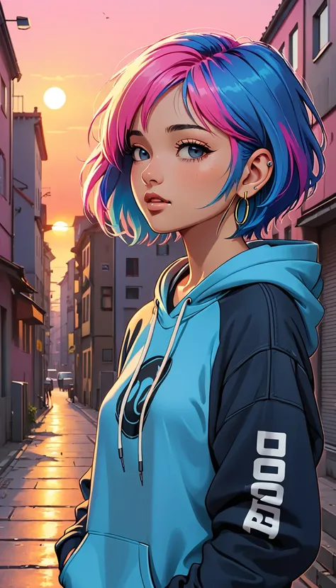 masterpiece, Highest quality, One Girl, Pink and blue hair, Mouth closed, Earrings, have, hoop 、 jewelry, View your audience, shirt, short hair, Sunset alone, Upper Body,  Wearing a hoodie 、Headphones Moderate Bust、German descent、Urban Background