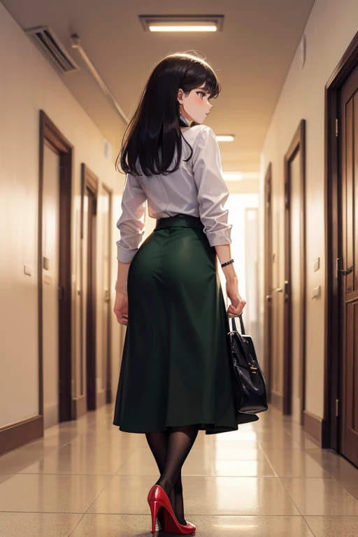 Top Quality, 1girl, full body, from behind,(Hollow skin), bright, blur background, (hair:1.5), black hair, maxi green skirt with tights, louboutin high heels ,superb, in office corridor, working secretary