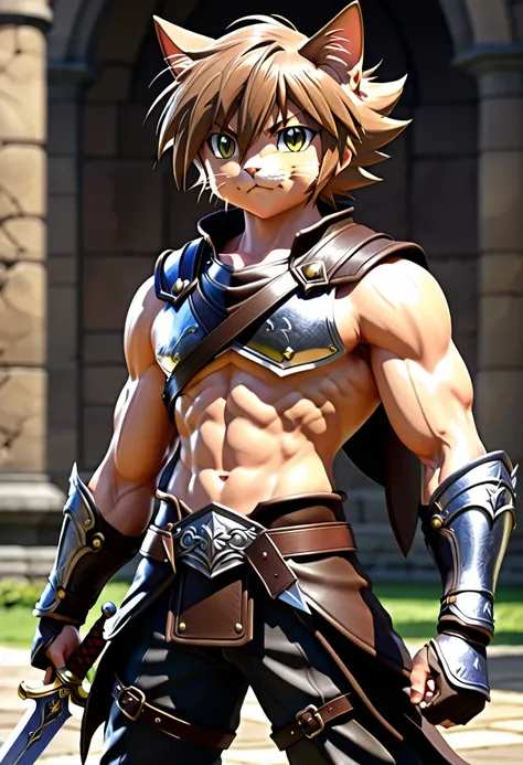 young,, cat ear, (12, sweating), trained abdominal muscles, chiseled pectoral muscles, 真swordな表情, ((3d anime art style)), sword,...