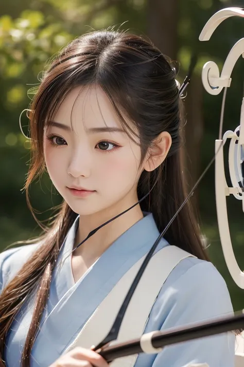 8k, RAW photo, best quality, masterpiece:1.2), (realistic, photo-realistic:1.4), (extremely detailed 8k wallpaper), japanese 20 age woman,Ultra-detailed cute face, Detailed eyes, Double eyelid,(kyudo:1.2),shoot a bow,one eye closed, standing, (holding a bo...