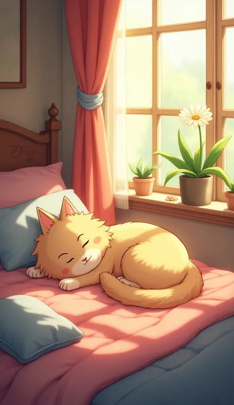 accurate, Highest quality, Bedroom、The cat is sleeping、Ghibli-style colors, 