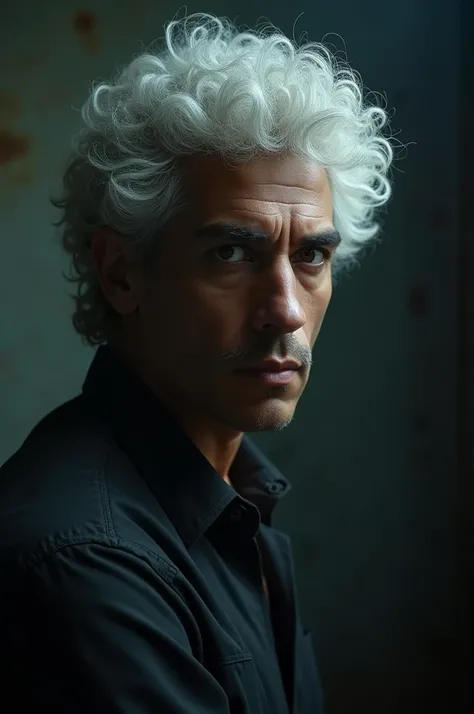 Brazilian man, white curly hair, Room, dark light