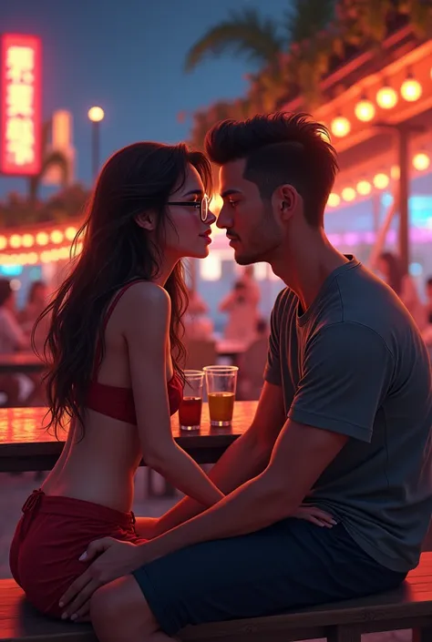 A couple, She a thin girl with big eyeglasses and long Brown hair, he a bold man with sportive outfit and muscles, sitting in a lounge club open air