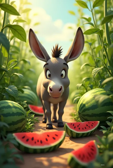 Donkey in the watermelon field 