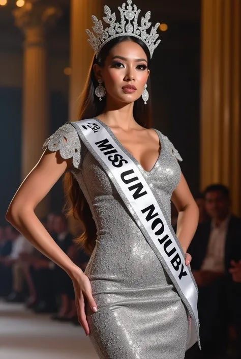 Miss universe, silver long kebaya brookat dress, at miss universe stage, wear crown, elegant, beautiful, 38 C huge boobs, slim, dont smile, sexy vibes. Sharp eyes, cool, bold make up.  Sash Miss Universe 2026. 