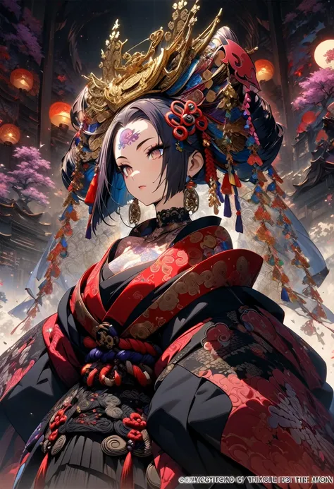 Ink painting, (((1 girl))), (((Tattoo in the middle of the forehead))),(((In the background is the Akatsuki moon))), (((Oiran))), (((Great hair accessories))), Demon possession, ((Masterpiece:1.2)), ((Highest quality)), (((The whole body is covered with je...