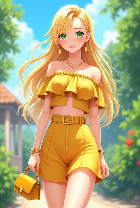 Create a digital art piece featuring a beautiful anime-style character standing in a bright and cheerful outdoor setting. The character is a young woman with long, flowing blonde hair that glistens in the sunlight. She has vibrant green eyes and a warm, in...